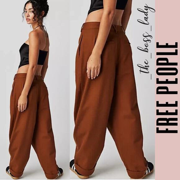 Free People pants pleated trousers wide-leg cotton - Picture 3 of 9
